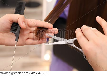 Professional Stylist Cutting Client's Hair In Salon, Closeup
