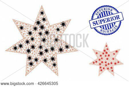 Mesh Polygonal Seven Pointed Star Icons Illustration With Outbreak Style, And Scratched Blue Round S