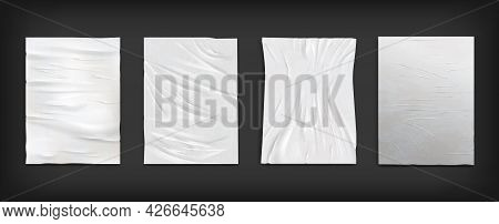 White Wet Wrinkled Creased Paper Sheets, Posters Glued To Street Wall Mockup Set. Crumpled Paper Tex
