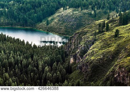 Lake Uchkel Is Surrounded By Mountains And The Siberian Taiga. Ulagansky District, Altai Republic, R
