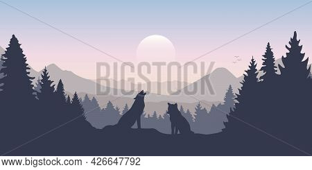 Wolf Pack In Forest With Mountain Landscape
