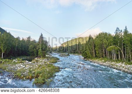 Vacation Landscape. Russian Altai Mountains. Multa Region. Holiday At Home. Staycation Concept. Rive
