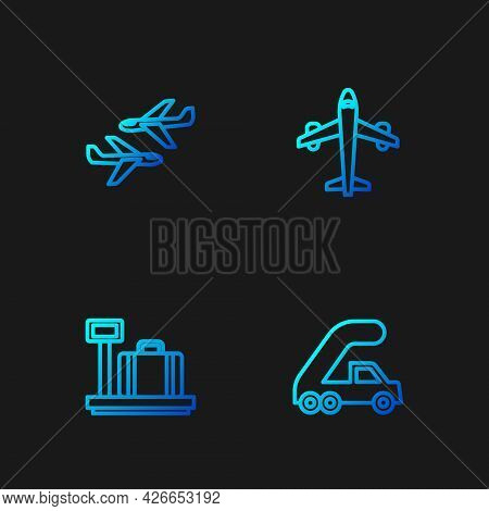 Set Line Passenger Ladder For Plane Boarding, Scale With Suitcase, Plane And . Gradient Color Icons.