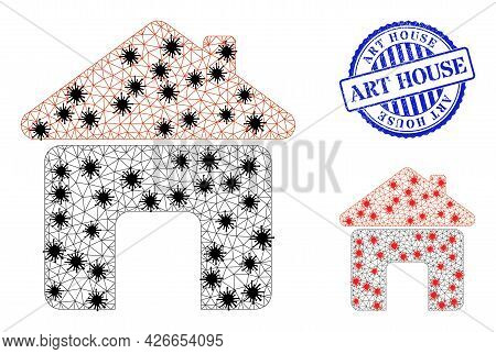 Mesh Polygonal House Icons Illustration In Infection Style, And Scratched Blue Round Art House Stamp