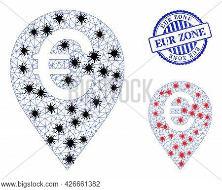 Mesh Polygonal Euro Map Marker Icons Illustration With Infection Style, And Grunge Blue Round Eur Zo