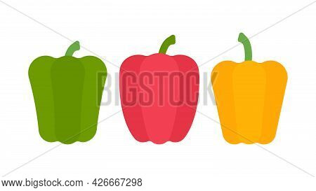 Paprika. Minimal Style Set Of Bell Pepper. Minimalistic Green, Red, Yellow Pepper, Side View. Abstra