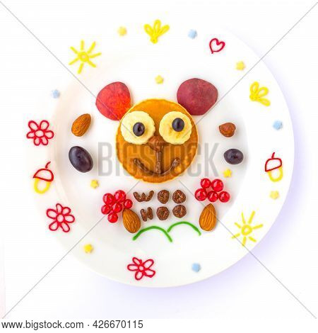 Edible Mouse Or Bear Made Of Pancake With Grapes, Apricot And Currant For Kids. Plate With Funny Pan