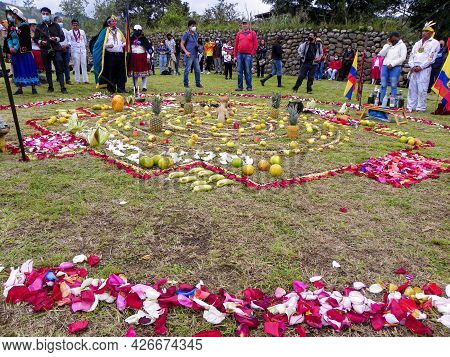 Chobshi, Azuay Province, Ecuador - June 21,2021: Celebration Inti Raymi At Chobshi Archeological Sit