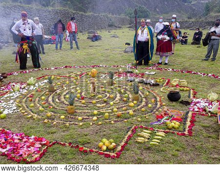 Chobshi, Azuay Province, Ecuador - June 21,2021: Celebration Inti Raymi At Chobshi Archeological Sit
