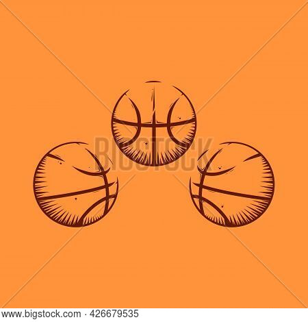 Basketball Ball Illustration With Hatching Vintage Vector Style Set
