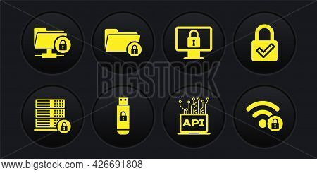 Set Server Security With Lock, Lock And Check Mark, Usb Flash Drive, Computer Api Interface, On Moni