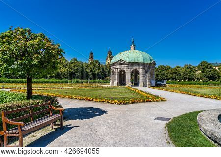 Munich, Germany - Jul 27, 2020: Hofgarten Park With Dianatempel In Munich. The Diana Pavilion And Th