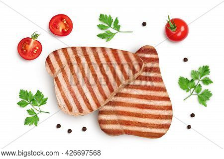 Tuna Fish Steak Grilled Isolated On White Background With Clipping Path And Full Depth Of Field, Top