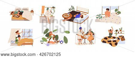 Set Of Happy People And Their Morning Routine And Habits. Sleepy Man And Woman Waking Up, Stretching