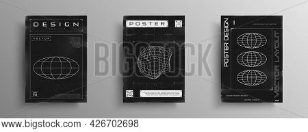 Set Of Retrofuturistic Posters With Hud Elements, Laser Grid, And Wireframe Liquid Distorted Planet,
