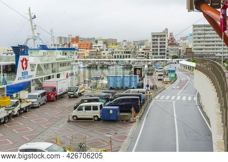 Okinawa, Japan - June 11,2019 : View Of Tomarin Terminal In Rainy Day In Naha, Okinawa, Japan On Jun