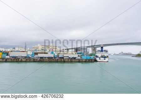 Okinawa, Japan - June 11,2019 : View Of Tomarin Terminal In Rainy Day In Naha, Okinawa, Japan On Jun