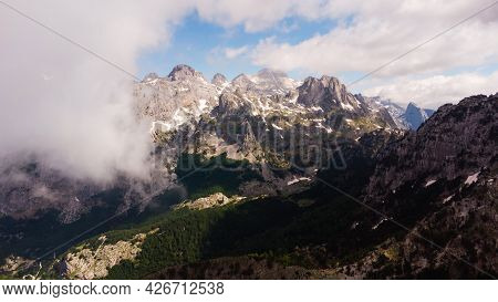 Scenic Paradisiac Landscape View Of Albanian Alps Mountains. Traveling, Exploring, Holiday Concept