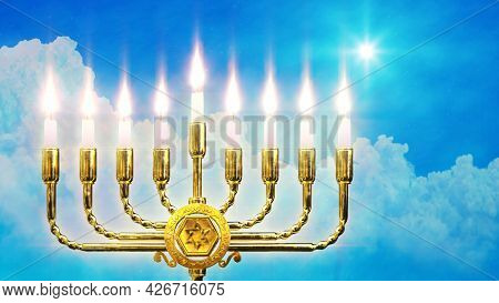 Beautiful Golden Hanukkah Menora Light , Cg Object 3d Illustration