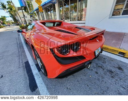 Los Angeles, California Usa - March 24, 2021: Red Ferrari F8 Tributo Luxury Sport Car Back Side View