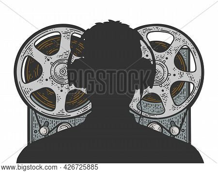Silhouette Of Kgb Russian Special Services Agent And Recording Tape Recorder Sketch Engraving Vector