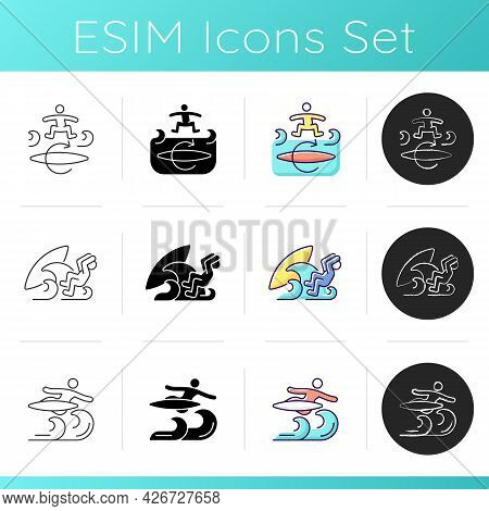 Surf Riding Icons Set. Kickflip Surfing Technique. Protecting Head While Falling From Surfboard. Fli