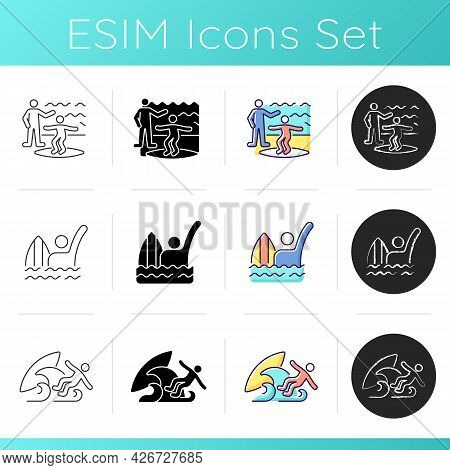 Surfboarding Icons Set. Taking Surf Classes From Experienced Surfer. Emergency Signal. Being Thrown 