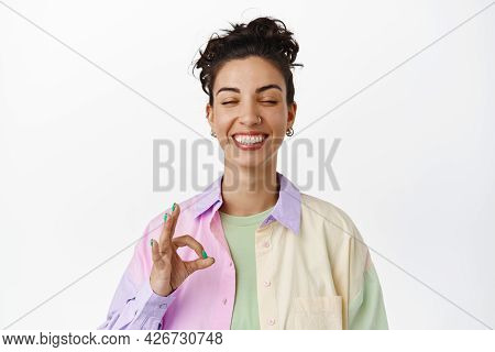 Happy Smiling Woman Close Eyes, Showing Okay Ok Sign, Zero Gesture, No Proble, Praise Awesome Good T