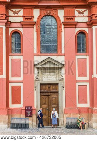 Prague, Czech Republic - September 12, 2020: People In Front Of The Historic Jiri Basilique In The C