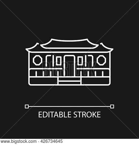 Longshan Temple White Linear Icon For Dark Theme. Taipei Old Village Part. Ancient Building. Thin Li