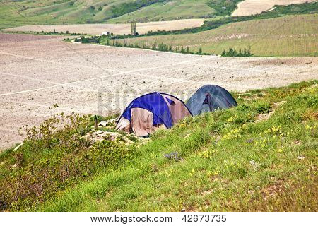 Tourist Tents On Verge Of Plateau