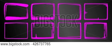A Set Of Eight Unusual Frames Of Fiolet Color On A Black Background. Vector Illustration.