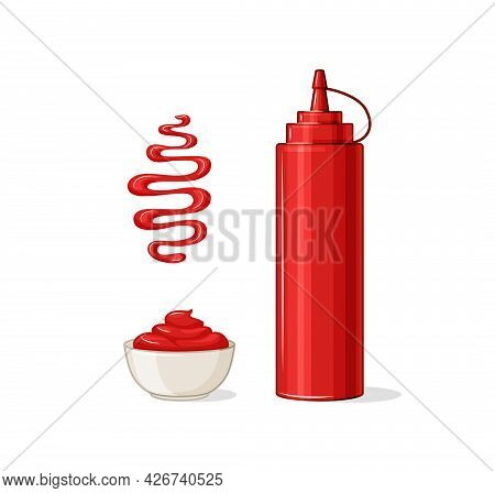 Ketchup Vector Set. A Bottle, A Gravy Boat, A Spot Of Ketchup.