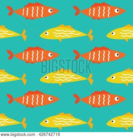 Seamless Pattern Background Texture With Colorful Yellow And Orange Cartoon Flat Tropical Sea Fish. 