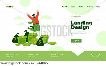 Happy Millionaire Jumping Near Pile Of Coins Flat Vector Illustration. Cartoon Businessman Or Banker