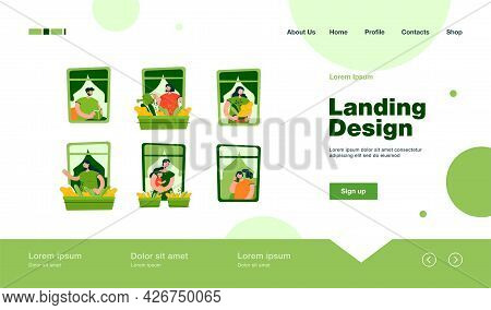People Standing At Windows In Their Apartment, Watering Home Plants, Talking On Cell, Enjoying Leisu