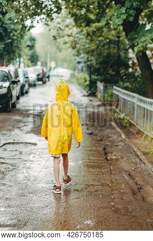 A Boy In A Yellow Raincoat Comes Out In The Rain. Child Alone Walks In The Rain. Back View In A Brig