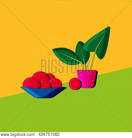 Stylized Still Life With Fruit And Plant. Colorful Flat Illustration. Element For Design.  Vector.