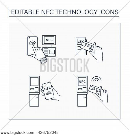 Nfc Technology Line Icons Set. Safety Payment System On Smart Watch Or Mobile Phone. Near Field Comm