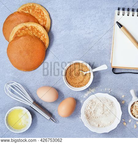 Ingredients For Homemade Oat Pancake With Whole Grain Oat, Coconut Sugar, Vanilla Syrup, Organic Egg