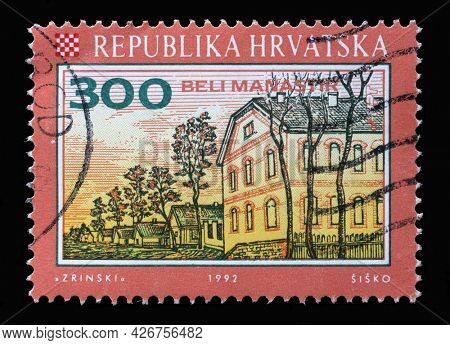 ZAGREB, CROATIA - SEPTEMBER 03, 2014: A stamp printed in Croatia shows Beli Manastir, Series Croatian Towns, circa 1992