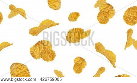 Flying Corn Flakes Isolated On A White Background. Falling Corn Flakes.