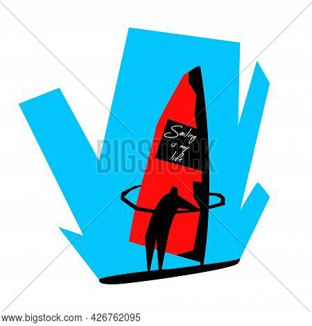 Vector Simple Flat Illustration Of The Sailing Logo. An Athlete Is Depicted On A Surfboard. Concept 