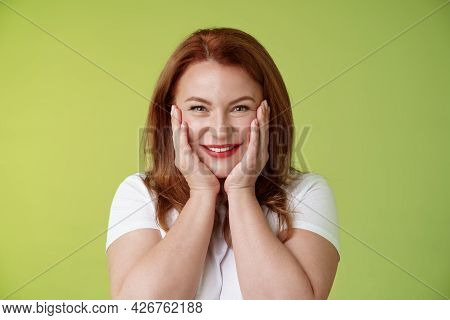 Happy Delighted Cheerful Lucky Redhead Middle-aged Caucasian Woman Blushing Joyfully Receive Touchin