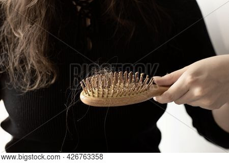 Massage Brush With Hair After Combing, Concept Of Growth, Fragility And Hair Loss, Scalp Care, Effec