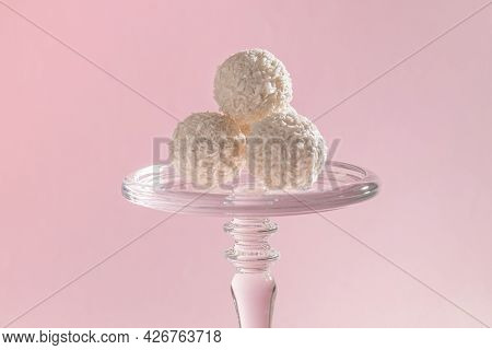 Round Sweet Candies In Coconut Flakes On A Pink Background, Taste Harmony, Exquisite Dessert, Rafael