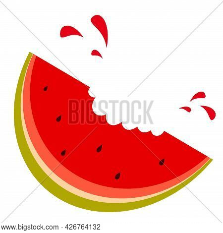 Illustration Of A Bitten Juicy Watermelon. Splashes From The Bite. Ripe Watermelon. Watermelon.