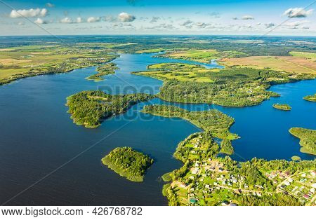 Lyepyel District, Vitebsk Region, Belarus. Aerial View Of Lepel Lake With Natural Small Islands.