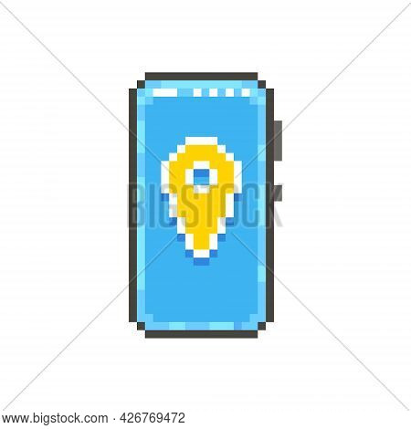 Colorful Simple Flat Pixel Art Illustration Of Modern Smartphone With Navigator Marker On Display