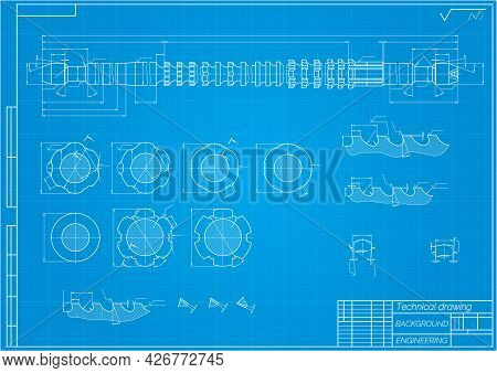 Mechanical Engineering Drawings On Blue Background. Broach. Technical Design. Cover. Blueprint. Vect
